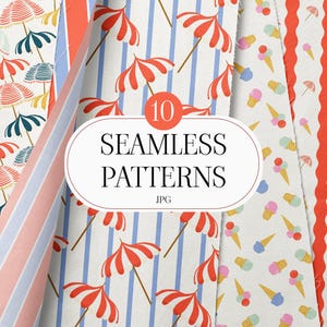 May include: A collection of ten seamless patterns in JPG format. The designs feature beach umbrellas, ice cream cones, and striped patterns in red, blue, yellow, and pink on a white background. The patterns are suitable for various design projects.