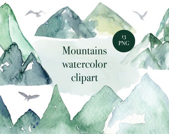 Akvarell bergslandskap clipart, digital clipart, bergsbakgrund clipart, bröllopsinbjudan, scrapbooking set PNG