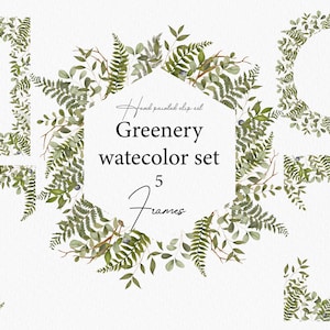 Watercolor Greenery Floral Frames Set - Digital Clipart - Individual PNG Files - Wedding Frames - Personalized Frame - Logo Leaves Leaf