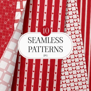 Puede incluir: Una colección de diez patrones sin costuras en rojo y blanco. Los diseños incluyen XOXO, corazones y rayas. La imagen presenta el texto "10 Seamless Patterns JPG" en un óvalo blanco.