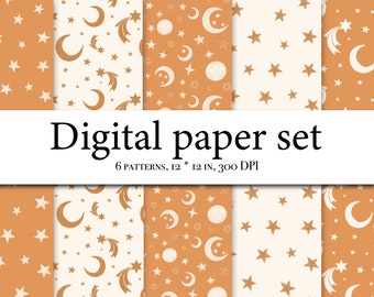Papeles digitales espaciales - Papeles de álbum de recortes - Patrones sin costuras de la estrella del zodíaco de la galaxia celestial - Papel digital para niños - Conjunto de papel imprimible - Estrellas