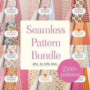 May include: A collection of various seamless patterns, including floral, striped, and geometric designs. The image features rolls of fabric with different patterns, and the text "Seamless Pattern Bundle" is displayed in the center, along with "2500+ patterns".
