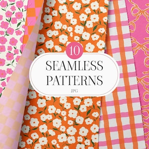 Op de afbeelding: Een verzameling van tien naadloze patronen in JPG-formaat. De patronen bevatten bloemen-, ruit- en strikdesigns in roze, oranje en wit. De afbeelding bevat de tekst "10 SEAMLESS PATTERNS JPG".