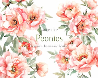 Watercolor Blush Peonies Clipart Set: Frames & Seamless Pattern - Watercolor Floral clipart png - Floral Digital Design Bundle - Blush Peony