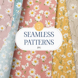 May include: Five seamless daisy floral patterns in pink, blue, yellow, and beige. The patterns are arranged in a collage with the text "5 Seamless Patterns JPG" in the center.