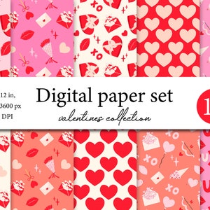 Scrapbooking digital do Dia dos Namorados, 10 papéis digitais sem costura de corações de namorados, fundos de coração, papel digital de namorados