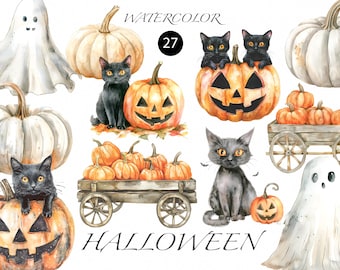 Clipart di zucca ad acquerello - Zucca autunnale png - Clipart autunnale png - Zucca di Halloween png - Clipart autunnale per biglietti di auguri - Fantasmi png