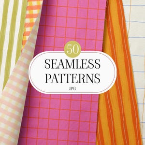 Puede incluir: Una colección de muestras de tela coloridas con varios patrones. Las telas incluyen rayas verticales en verde oliva y blanco, una cuadrícula rosa, rayas naranjas y una cuadrícula blanca con líneas azules y marrones. La imagen incluye el texto "50 SEAMLESS PATTERNS".