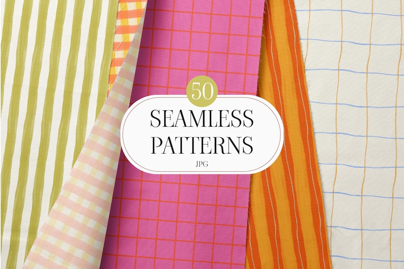 May include: A selection of patterned fabric samples in vibrant colours. Designs include olive green and white vertical stripes, a pink grid, orange stripes, and a white grid with blue and brown lines. The image features the text "50 SEAMLESS PATTERNS".