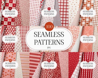 100 Seamless Valentine Patterns Bundle, Heart Gingham Plaid Digital Paper, Red Pink Love Backgrounds for Fabric, Scrapbook, Wrapping Paper