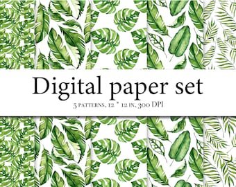 Aquarell helles Tropisches Digital Papier Pack - Tropisches Nahtloses Muster mit Blättern - Palmengrün - Aquarell Monstera Blätter 004