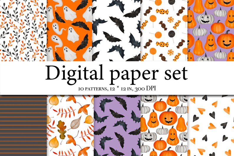 May include: A digital paper set with 10 Halloween themed patterns. The patterns include bats, ghosts, pumpkins, candy, leaves, and hearts. The patterns are in orange, black, white, and purple.