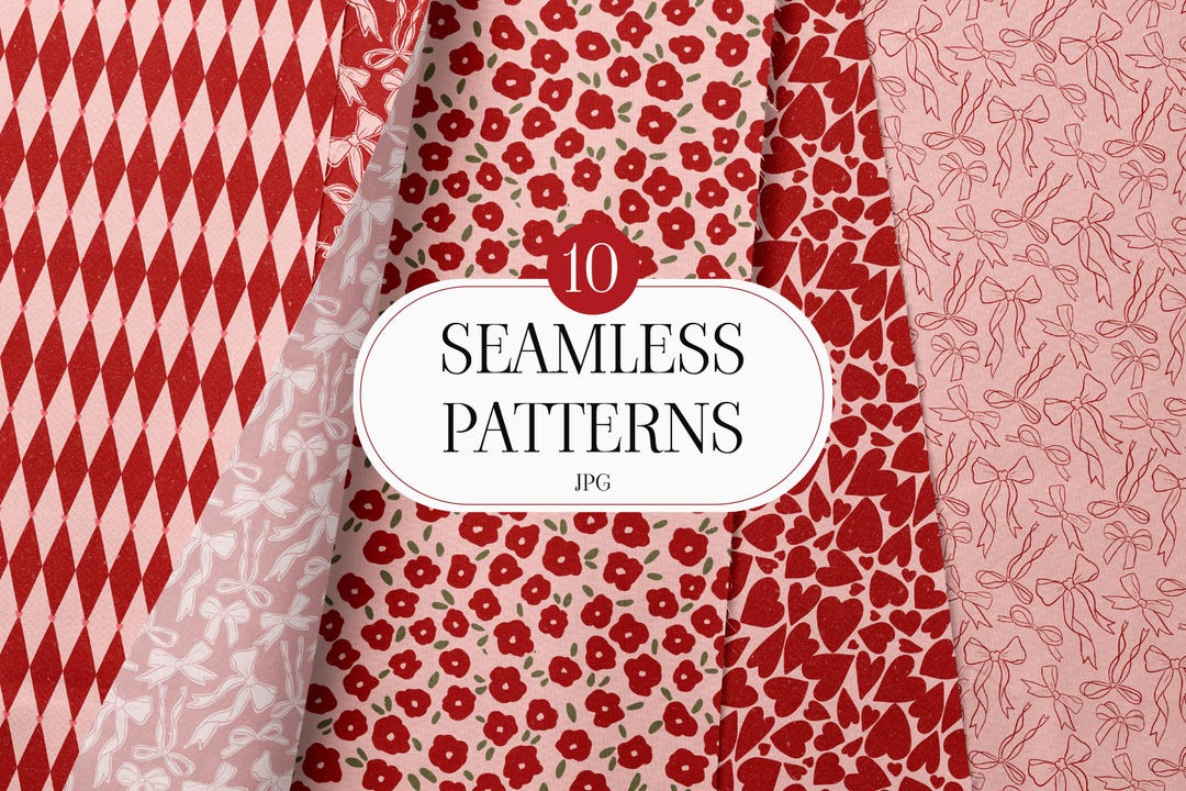 Valentine Red & Pink Seamless Patterns Set | Hearts, Bows, Flowers ...