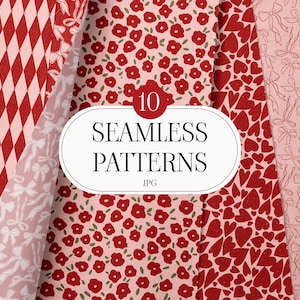 Könnte beinhalten: Eine Sammlung von zehn nahtlosen Mustern in Rot und Rosa. Designs umfassen rote Diamanten, Blumen, Herzen und Schleifenmotive. Die Muster werden auf Stoff mit dem Text "10 SEAMLESS PATTERNS" angezeigt.