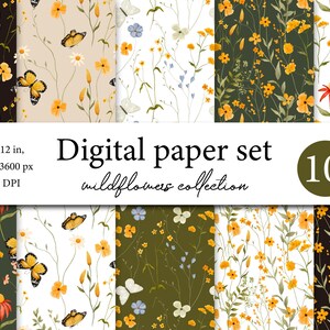 Papier numérique Esthétique Fleurs sauvages, Aquarelles de prairies de fleurs, Papier numérique Petites fleurs, Motifs sans couture, Ensemble de papier aquarelle