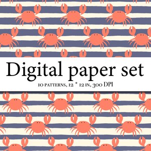 May include: A digital paper set with 10 patterns featuring a repeating design of orange crabs on a background of alternating white and blue stripes. The text "Digital paper set" and "10 patterns, 12 * 12 in, 300 DPI" is displayed on a white banner.