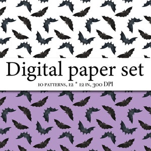 May include: A digital paper set with 10 patterns featuring black bats on a white background and a purple background. The text "Digital paper set" and "10 patterns, 12 * 12 in, 300 DPI" is included in the image.