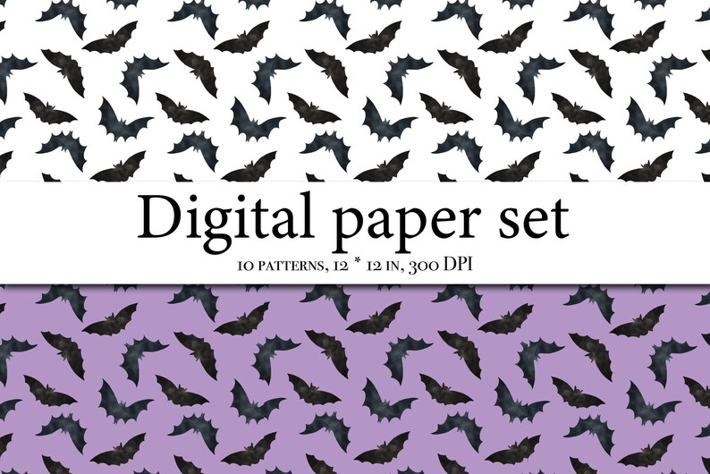 May include: A digital paper set with 10 patterns featuring black bats on a white background and a purple background. The text "Digital paper set" and "10 patterns, 12 * 12 in, 300 DPI" is included in the image.