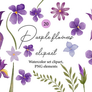 Clipart de flores roxas em aquarela - Elementos DIY - Convite de casamento floral violeta e criação de cartões - Íris em aquarela - Download digital PNG