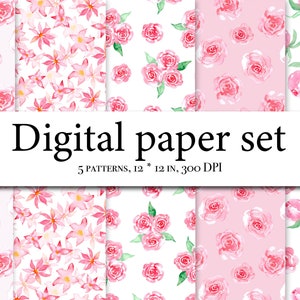 Watercolor  digital paper pack, pink roses scrapbook, roses seamless pattern, seamless pattern clipart with roses , floral background