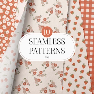 May include: A collection of ten seamless patterns in shades of red, white, and beige. The patterns include floral, cherry, strawberry, and gingham designs. The image includes the text "10 SEAMLESS PATTERNS JPG".