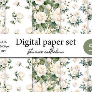Digitales Aquarellpapier, Scrapbook mit weißen Rosen, nahtloses Muster mit Rosen, Clip Art Rahmen mit Rosen, floraler Hintergrund 014
