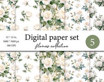 Watercolor  digital paper pack, white roses scrapbook, roses seamless pattern, seamless pattern clipart with roses , floral background 014
