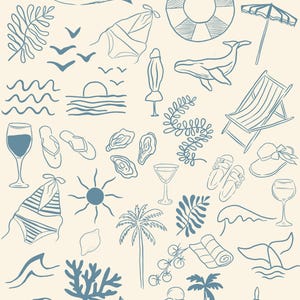 May include: A set of 80+ coastal-themed illustrations in blue and white, including a sailboat, fish, seashells, palm trees, a whale, a beach chair, a life preserver, an umbrella, a swimsuit, a sun, a wave, a lemon, a glass of wine, a glass of martini, a starfish, a seagull, a lighthouse, a beach towel, a pair of sunglasses, a steering wheel, and an ice cream cone. The illustrations are in a hand-drawn style and are perfect for creating digital or printed designs.