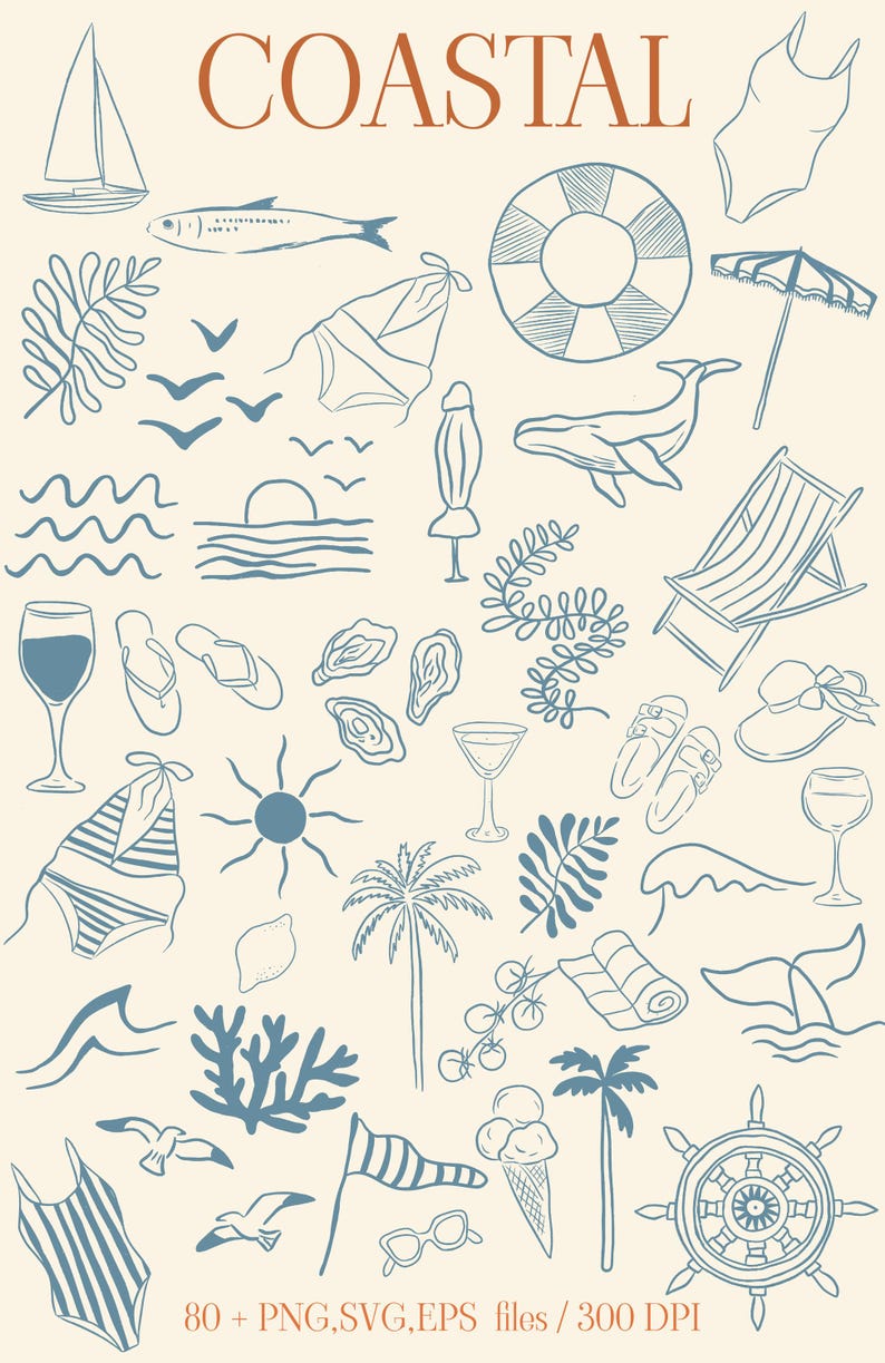 May include: A set of 80+ coastal-themed illustrations in blue and white, including a sailboat, fish, seashells, palm trees, a whale, a beach chair, a life preserver, an umbrella, a swimsuit, a sun, a wave, a lemon, a glass of wine, a glass of martini, a starfish, a seagull, a lighthouse, a beach towel, a pair of sunglasses, a steering wheel, and an ice cream cone. The illustrations are in a hand-drawn style and are perfect for creating digital or printed designs.