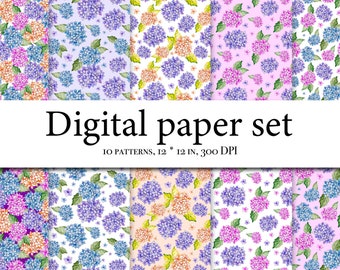 Pacchetto di carta digitale acquerello, album di ortensie, modello senza cuciture di ortensie, clipart senza cuciture con ortensie, sfondo floreale