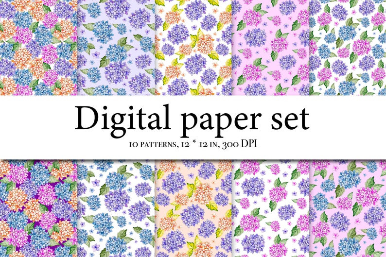 Watercolor Digital Paper Pack, Hydrangea Scrapbook, Hydrangea Seamless ...