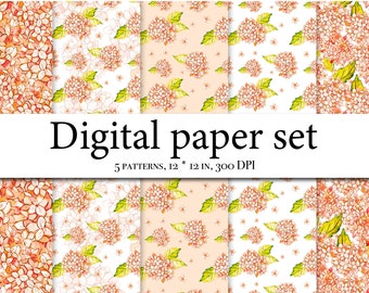 Pacchetto di carta digitale acquerello, album di ortensie, modello senza cuciture di ortensie, clipart senza cuciture con ortensie, sfondo floreale