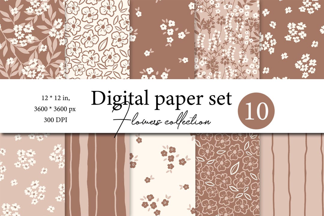 Rustic Floral Digital Paper Set - Neutral Tones Flowers Collection ...