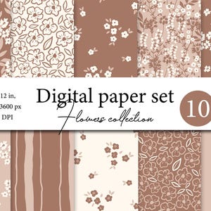 Conjunto de papel digital floral rústico - Coleção de flores em tons neutros, padrões contínuos para scrapbooking, artesanato, flores de mousse de mocha