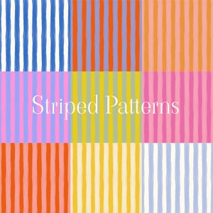 May include: A selection of vibrant striped patterns in diverse colour combinations, including blue, orange, pink, and yellow. The text "Striped Patterns" is displayed in white across the centre of the image. The stripes are vertical and evenly spaced.