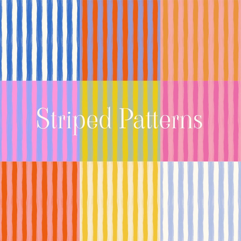 May include: A selection of vibrant striped patterns in diverse colour combinations, including blue, orange, pink, and yellow. The text "Striped Patterns" is displayed in white across the centre of the image. The stripes are vertical and evenly spaced.