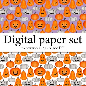 May include: A digital paper set with 10 patterns featuring a seamless repeating pattern of orange and white jack-o'-lantern pumpkins on a purple and white background. The text "Digital paper set" and "10 patterns, 12 * 12 in, 300 DPI" is included in the image.