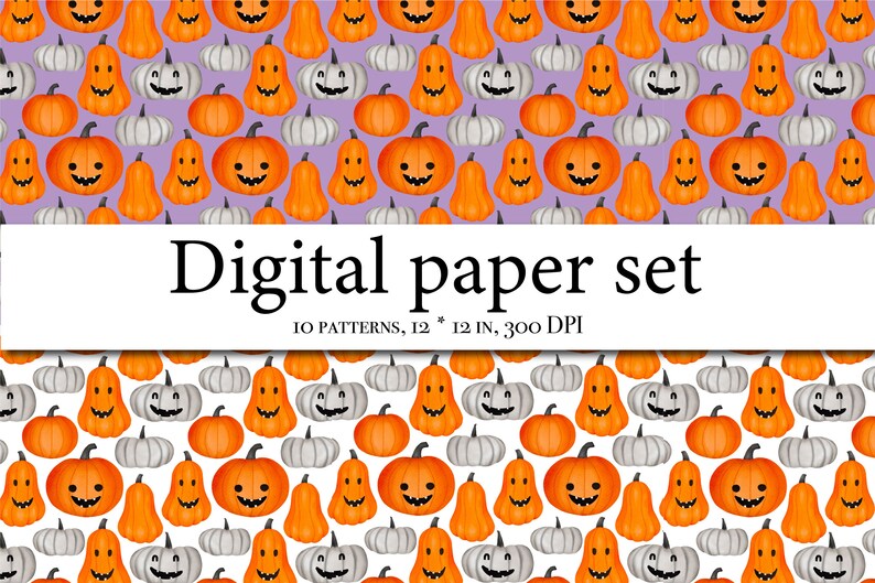 May include: A digital paper set with 10 patterns featuring a seamless repeating pattern of orange and white jack-o'-lantern pumpkins on a purple and white background. The text "Digital paper set" and "10 patterns, 12 * 12 in, 300 DPI" is included in the image.