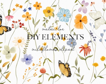 Watercolor wildflower floral clipart- Watercolor garden wreath clipart- Spring field summer floral wildflower illustrations-Soft flowers PNG