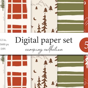 Camping Digital Paper - Mountain Forest SVG - Forest PNG - Camping Clipart - Woodland Tree Bear Moon Silhouette - National Park Clipart