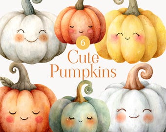 Set di clipart di zucche carine, zucche kawaii acquerellate con facce, illustrazione autunnale di Halloween e del Ringraziamento, download digitale PNG