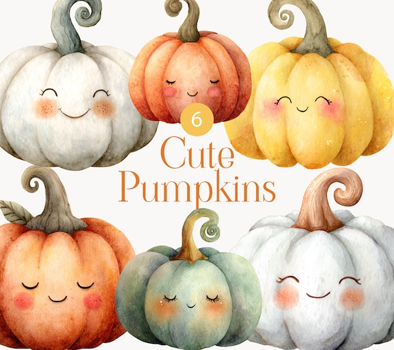 Cute Pumpkin Clipart Set, Watercolor Kawaii Pumpkins with Faces, Fall Autumn Halloween Thanksgiving Illustration, Digital Download PNG