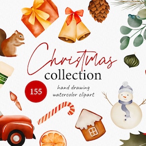 May include: A watercolor illustration set of 155 Christmas clipart images. The set includes a red truck with a Christmas tree, a snowman, a gingerbread house, a candy cane, a poinsettia, a squirrel, a pine cone, a stocking, a bell, a gift box, and a Christmas tree ornament.