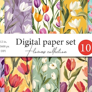 Florales Digitales Papier - Aquarell Tulpen & Frühlings-Muster für Scrapbooking und Kunsthandwerk - Botanisches Muster - Kommerzielles Papier