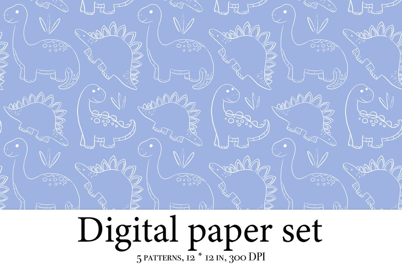 Pu&ograve; includere: Un set di carta digitale con cinque motivi che presentano contorni bianchi di dinosauri su uno sfondo blu chiaro. Il testo "Digital paper set" e "5 patterns, 12 * 12 in, 300 DPI" &egrave; incluso nell'immagine.