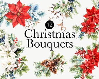 Akvarell jul Clipart - Julbuketter - Vinterblommig clipart png - Akvarell julstjärna - Vinterblommor png för kortinbjudningar