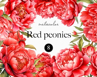 Watercolor Peony flowers clipart, Redl floral PNG elements and bouquet for wedding invitation, greeting cards, logo, spring bouquet 002
