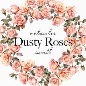 Watercolor rose wreath clipart, Boho floral borders png, Pink floral frame png, Rose wedding invite design, Dusty Roses Wreath