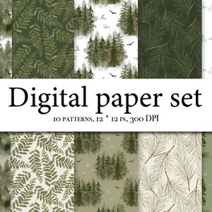 Set di carta digitale foresta acquerello - Carta paesaggio forestale - Modello senza cuciture - Alberi acquerello - Montagna dei cervi - Pino acquerello 145