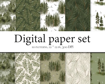 Aquarel bos digitale papierset - boslandschap papier - naadloos patroon - aquarel bomen - hertenberg - aquarel dennen 145